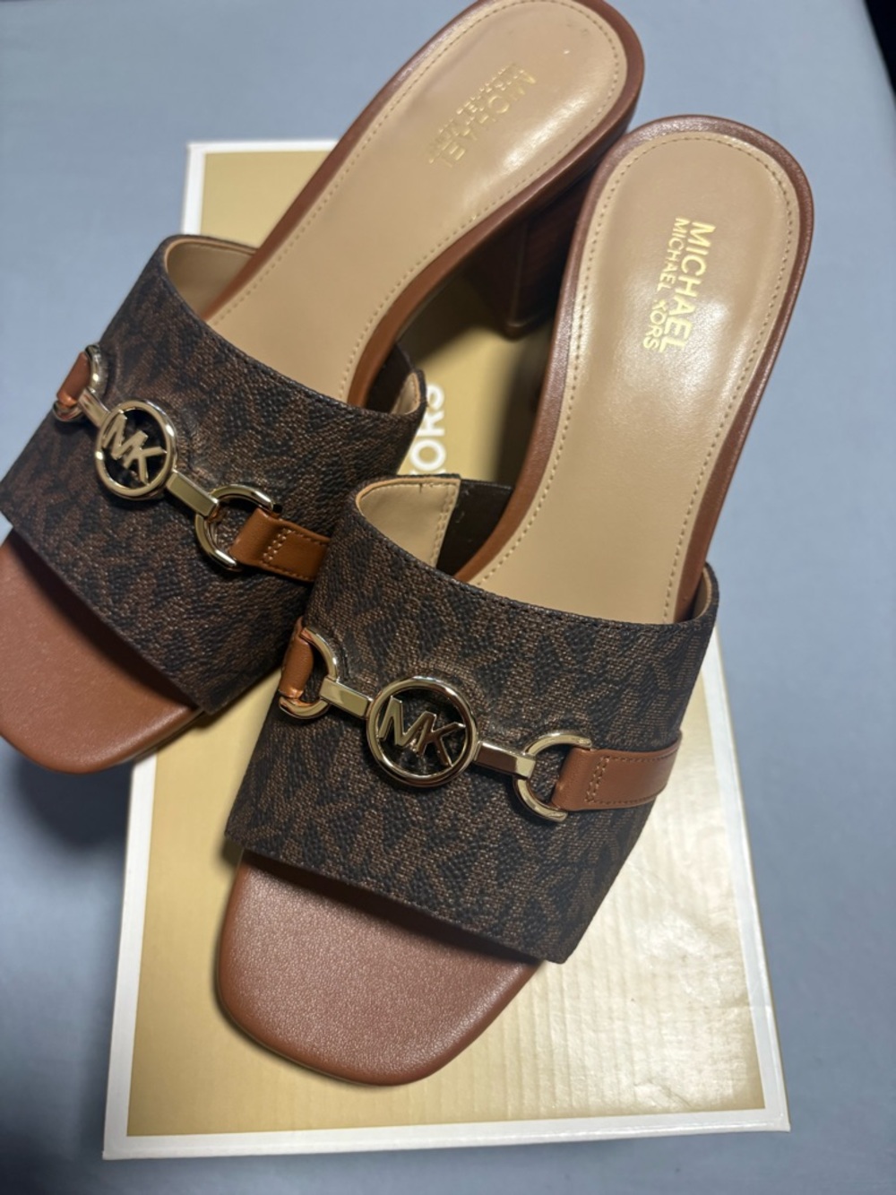 Michael Kors-  Brown Logo Mule Slides with Gold-Tone MK Hardware - Picture 2 of 11